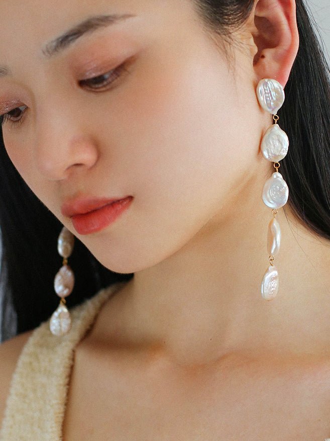 Flat Round Freshwater Baroque Long Drop Earrings - Large - floysun