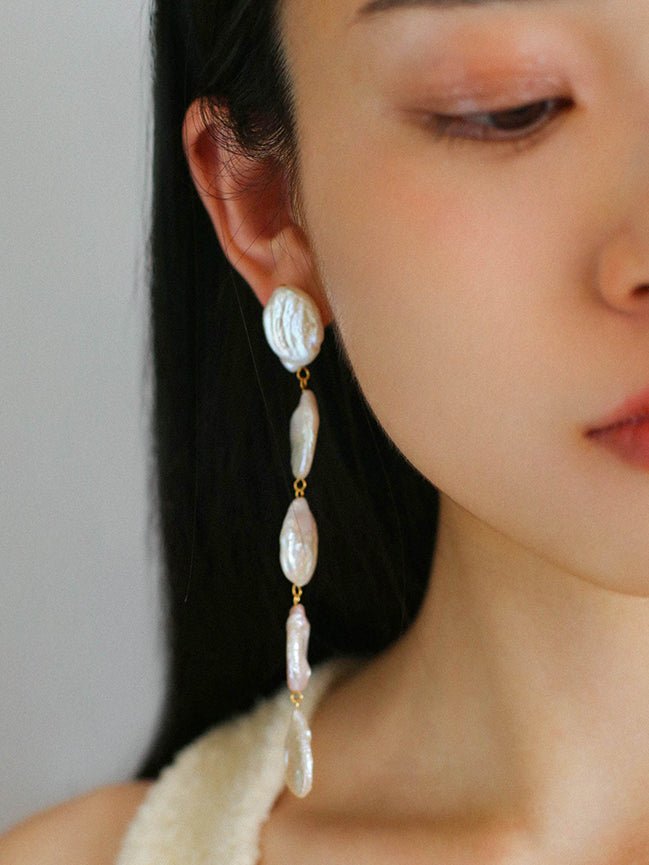 Flat Round Freshwater Baroque Long Drop Earrings - Large - floysun