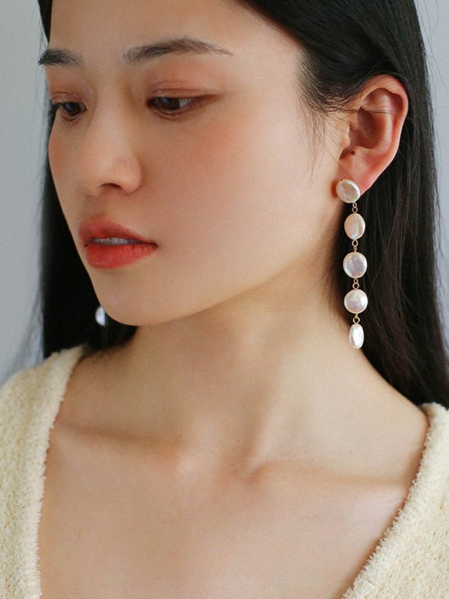 Flat Round Freshwater Baroque Long Drop Earrings - Small - floysun