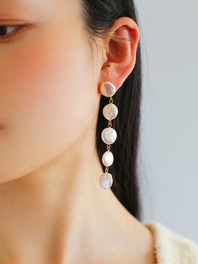 Flat Round Freshwater Baroque Long Drop Earrings - Small - floysun