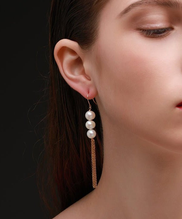 Flowing Bead Series Triple Pearl Tassel Earrings - floysun