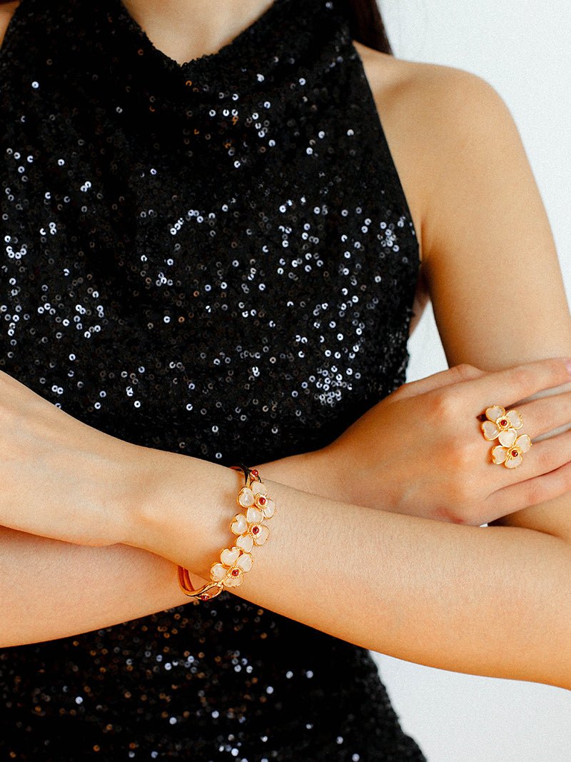 Four - leaf Clover Bangle Bracelets With Black Agate White Crystal Rose Quartz - floysun