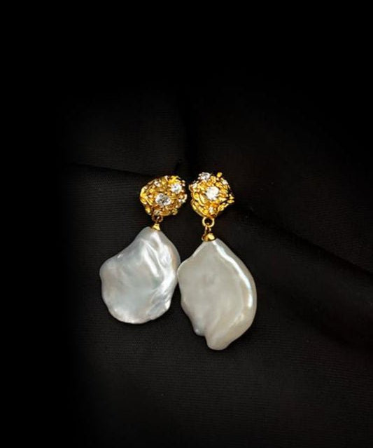 French Style Lava Petal Baroque Pearl Drop Earrings - floysun