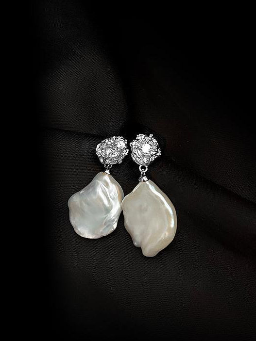 French Style Lava Petal Baroque Pearl Drop Earrings - floysun