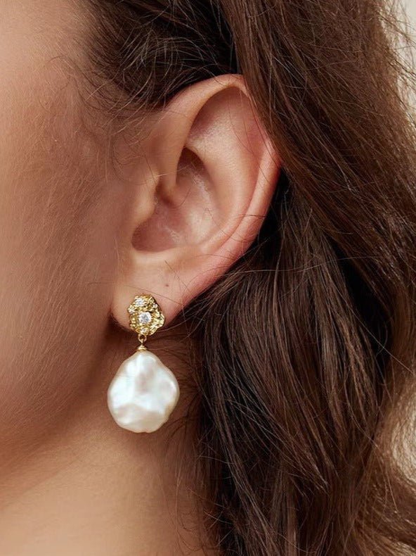 French Style Lava Petal Baroque Pearl Drop Earrings - floysun