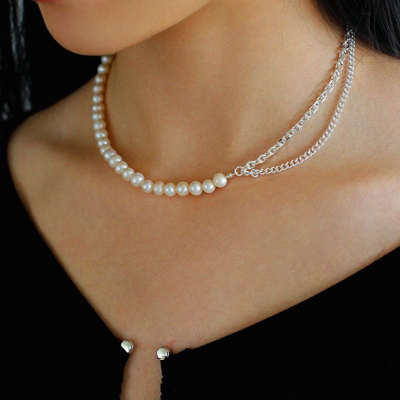 Freshwater Pearl Panel Chain Silver Necklace - floysun