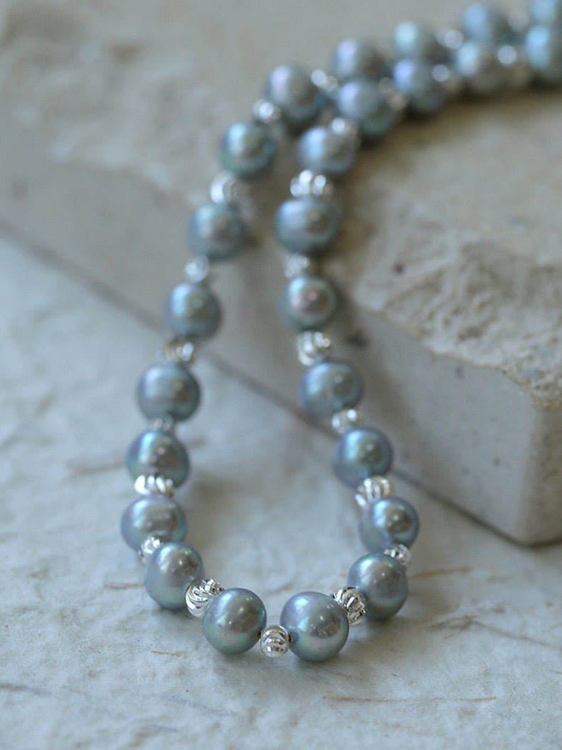 Freshwater Pearl Silver Bean Necklace - White Grey Pearl - floysun