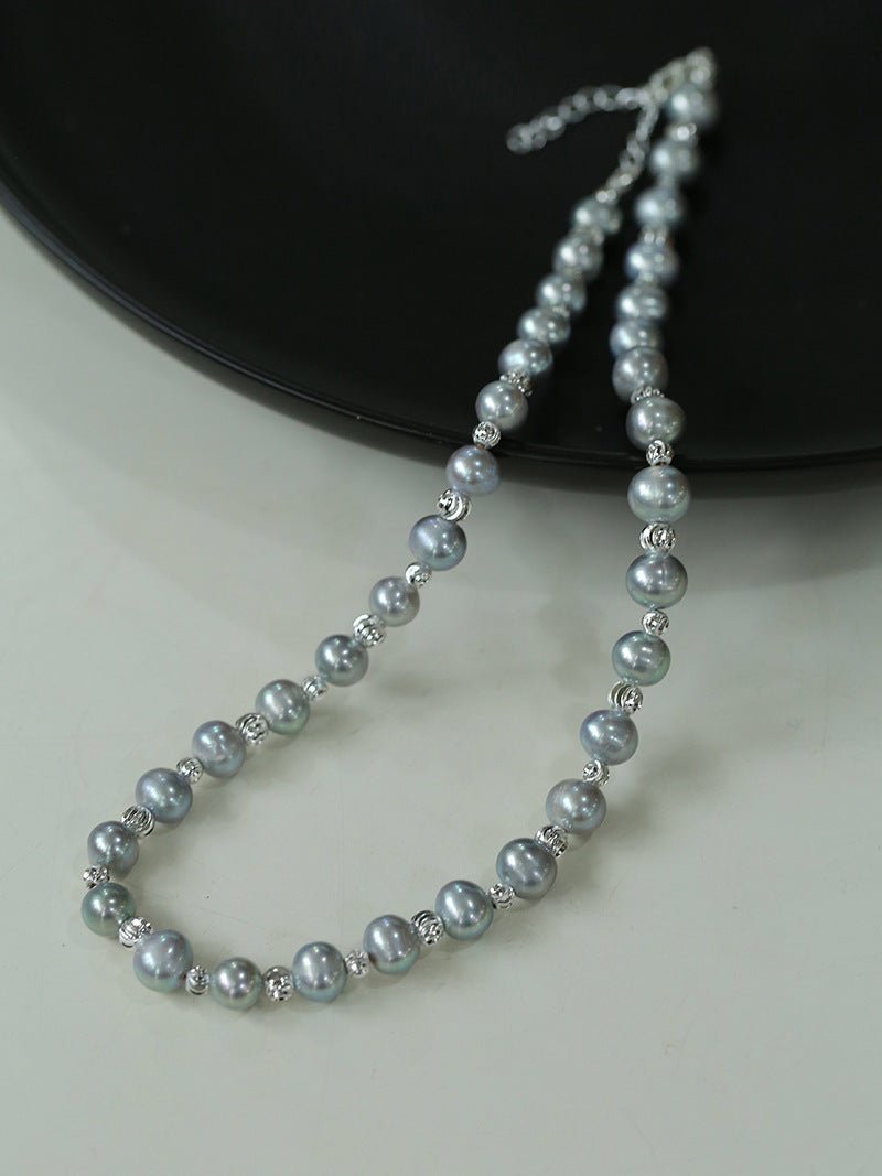 Freshwater Pearl Silver Bean Necklace - White Grey Pearl - floysun