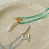 Gemstone and Toothpick Baroque Pearl OT Clasp Pendant Necklace - floysun