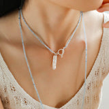 Gemstone and Toothpick Baroque Pearl OT Clasp Pendant Necklace - floysun