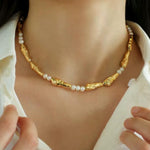 Geometric Irregular Metal Toothpicks Spliced Round Pearl Necklace - floysun