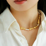 Geometric Irregular Metal Toothpicks Spliced Round Pearl Necklace - floysun