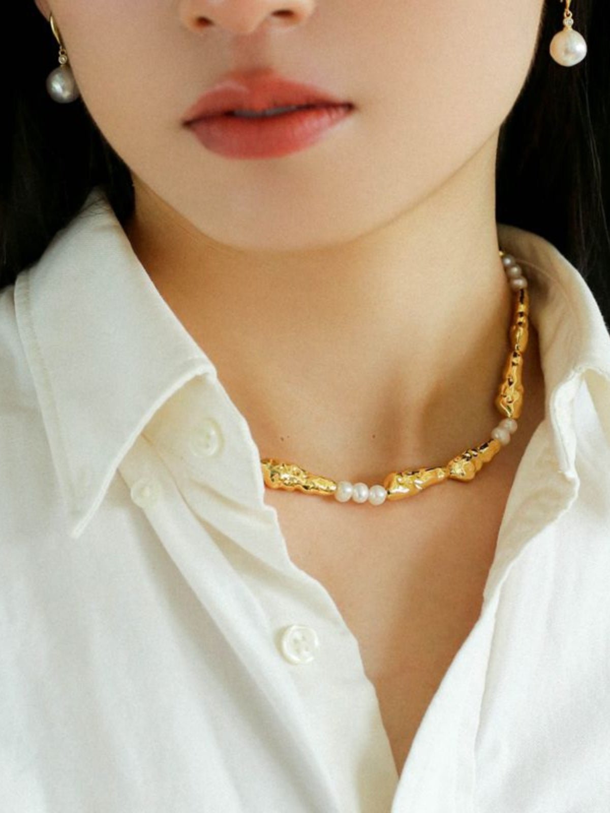 Geometric Irregular Metal Toothpicks Spliced Round Pearl Necklace - floysun