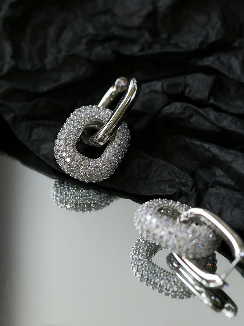 Geometric Lock Ring Full Diamond Zircon Silver Earrings - floysun