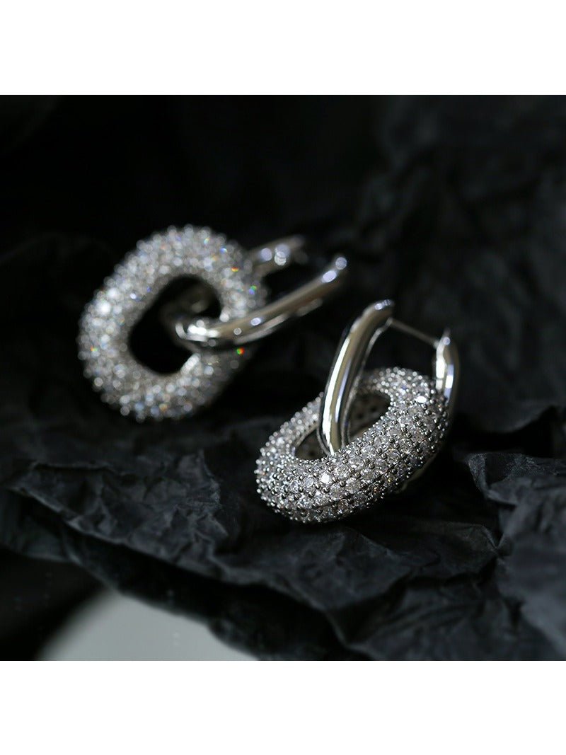 Geometric Lock Ring Full Diamond Zircon Silver Earrings - floysun