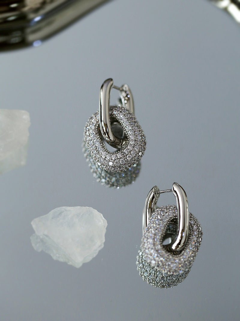 Geometric Lock Ring Full Diamond Zircon Silver Earrings - floysun