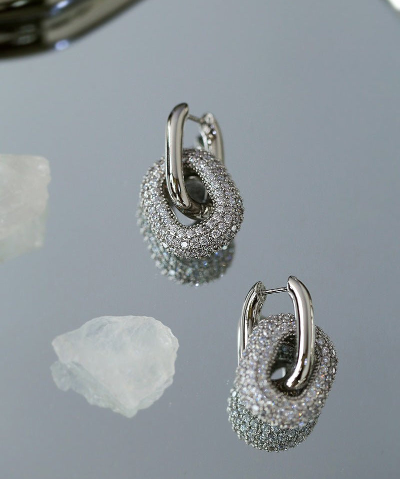 Geometric Lock Ring Full Diamond Zircon Silver Earrings - floysun