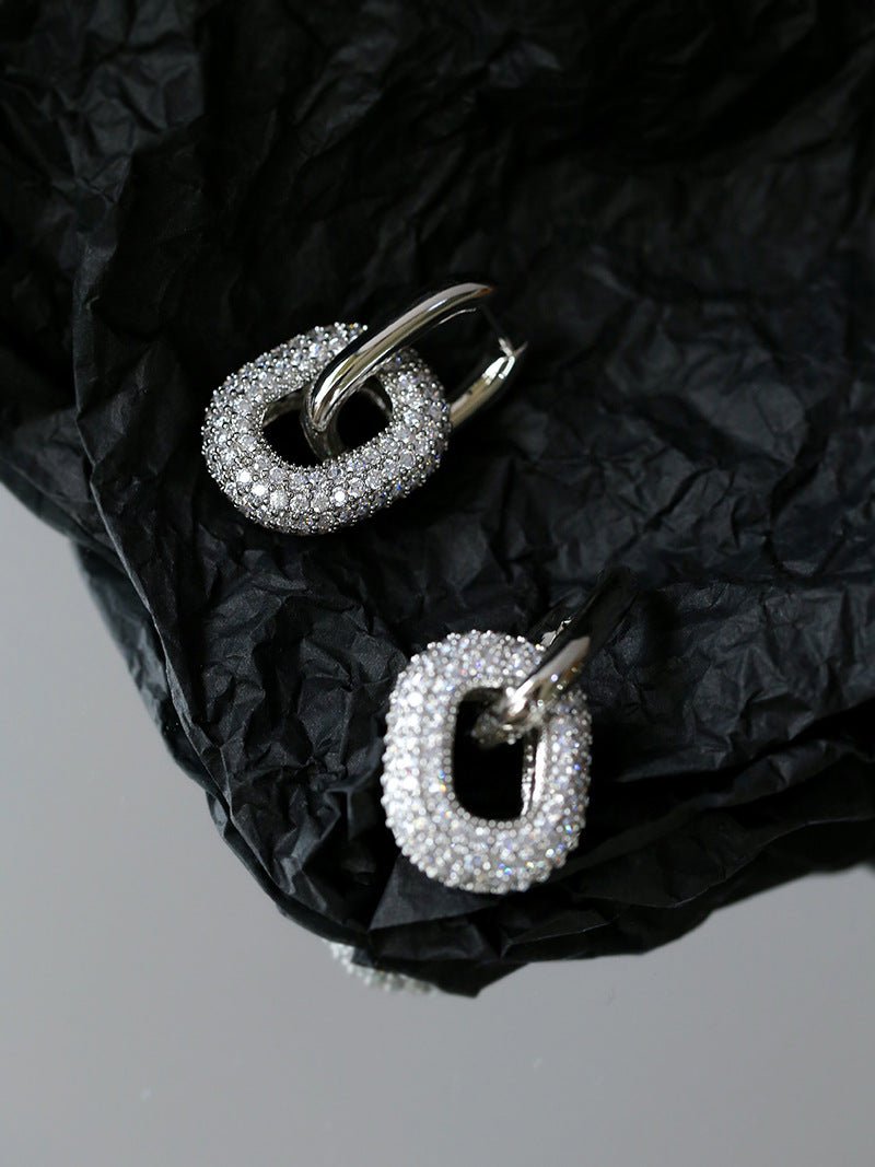 Geometric Lock Ring Full Diamond Zircon Silver Earrings - floysun