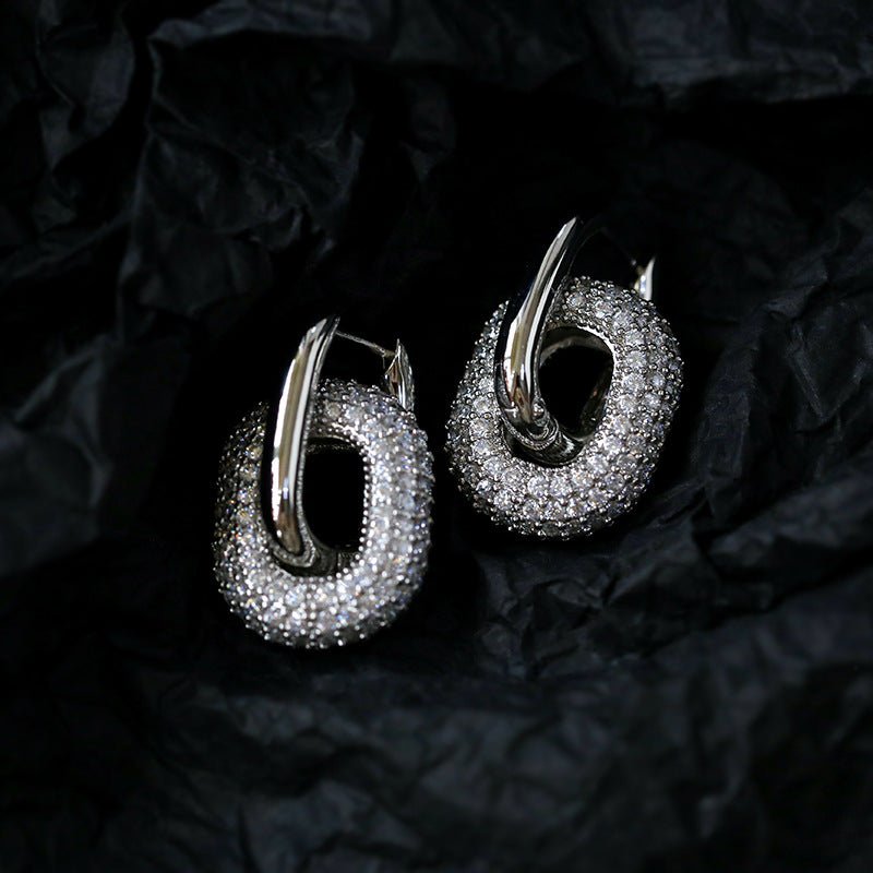 Geometric Lock Ring Full Diamond Zircon Silver Earrings - floysun