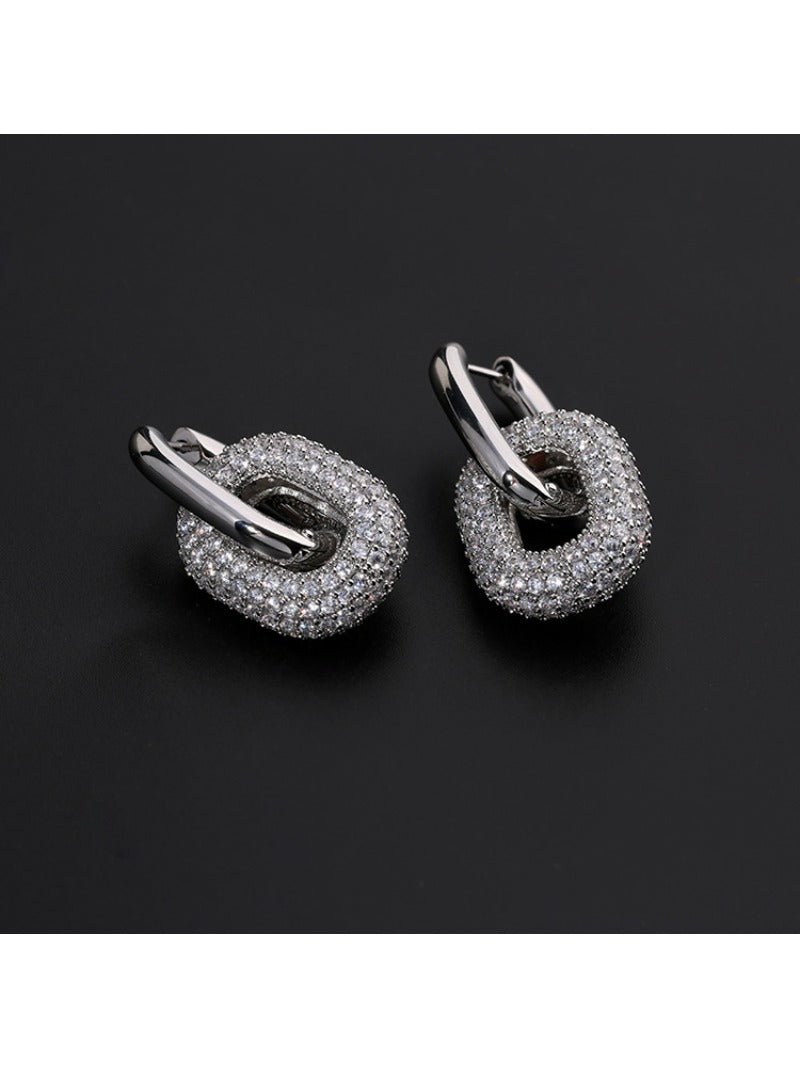 Geometric Lock Ring Full Diamond Zircon Silver Earrings - floysun