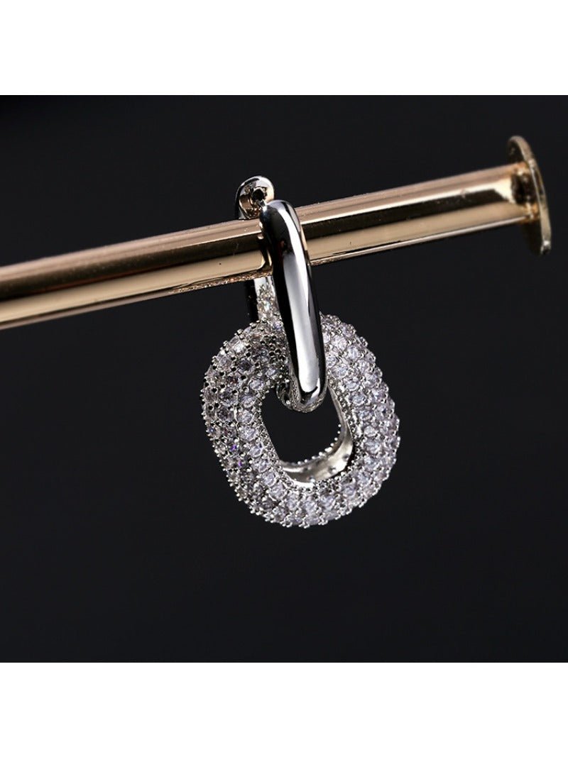 Geometric Lock Ring Full Diamond Zircon Silver Earrings - floysun