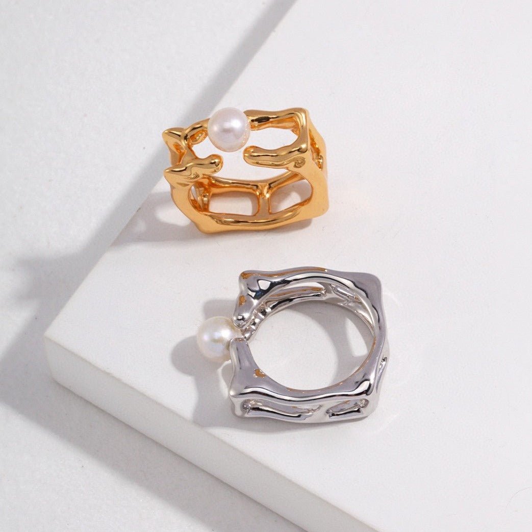 Geometric Square Pearl Open Ring with Fluid Elements - floysun