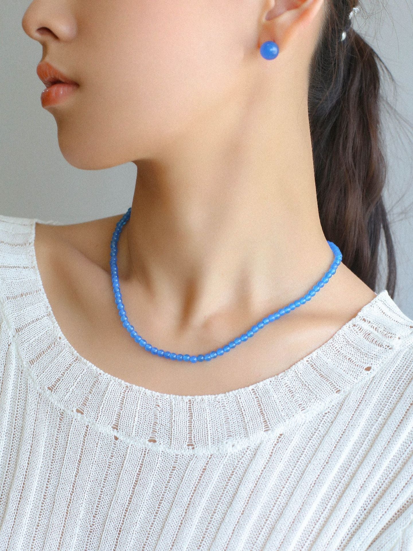 Glacier Blue Onyx 4mm Beaded Necklace - floysun