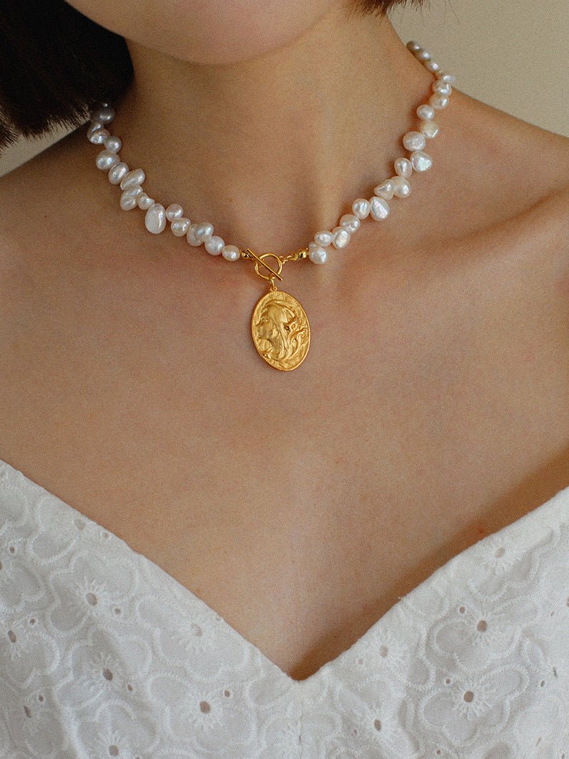 Goddess Statue Pendant Baroque Pearl Necklace - floysun