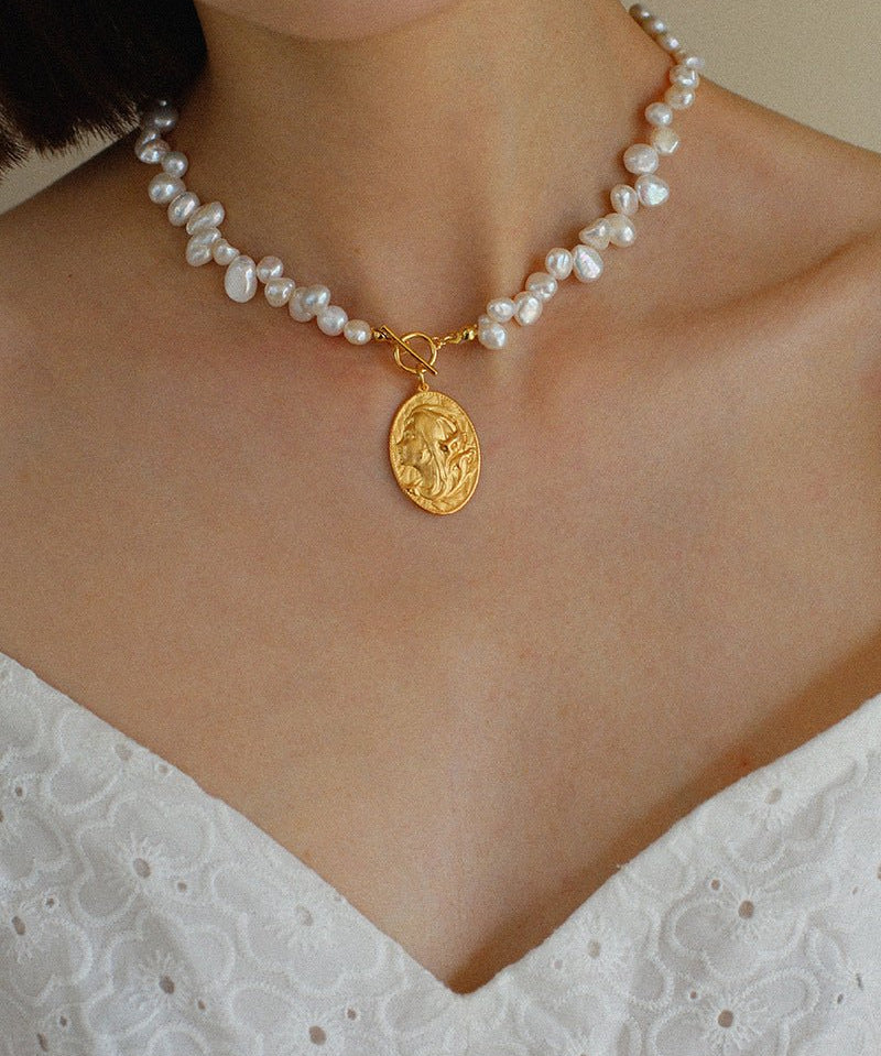 Goddess Statue Pendant Baroque Pearl Necklace - floysun