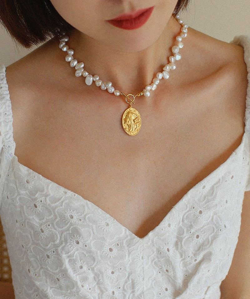 Goddess Statue Pendant Baroque Pearl Necklace - floysun