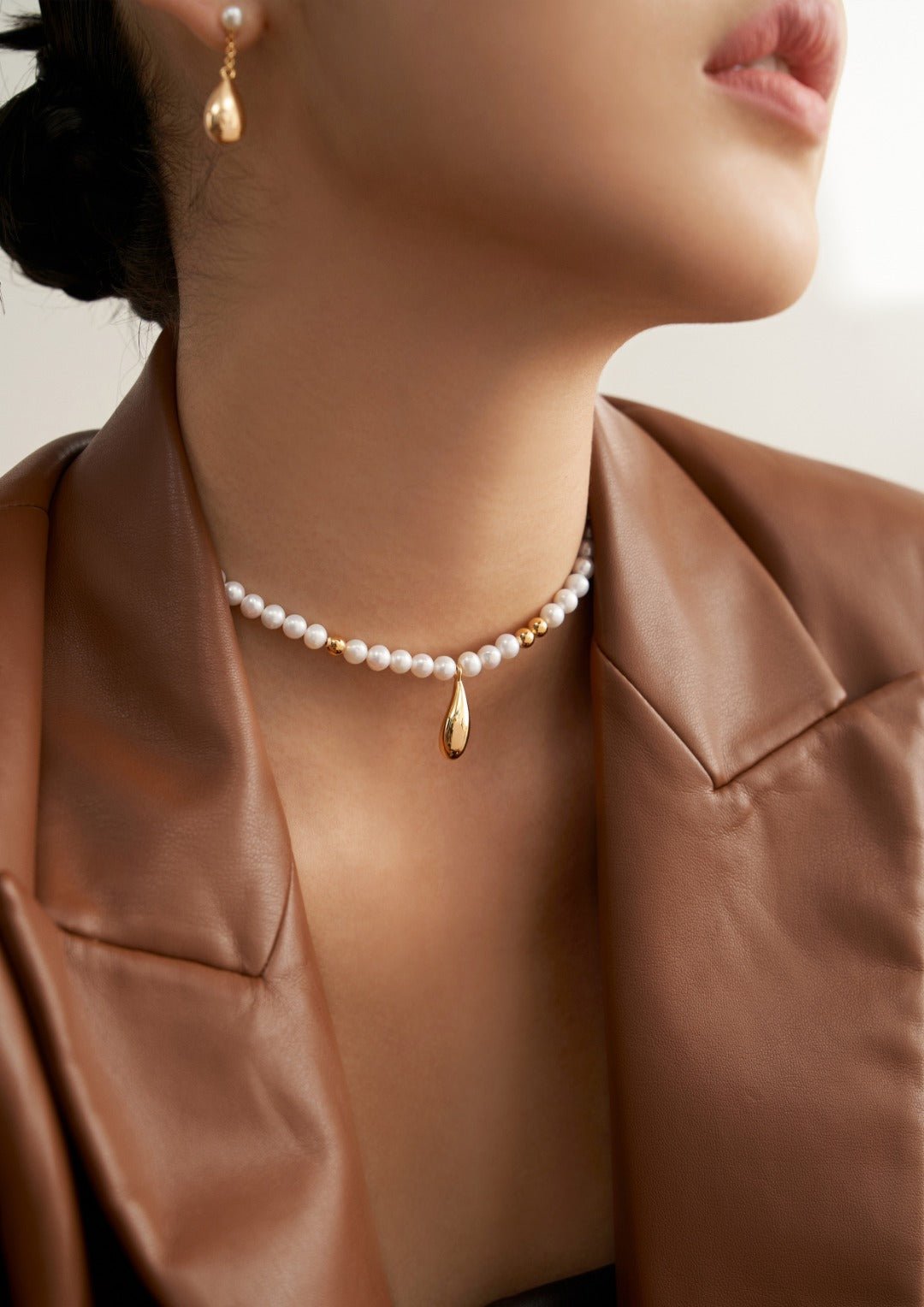 Gold Bead Pearl Water Drop Pendant Necklace - floysun