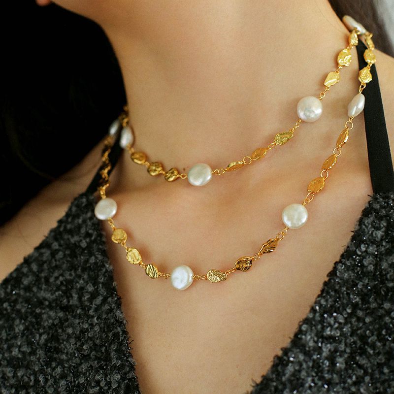 Gold Coin Lava Button Baroque Pearl Necklace - floysun