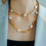 Gold Coin Lava Button Baroque Pearl Necklace - floysun