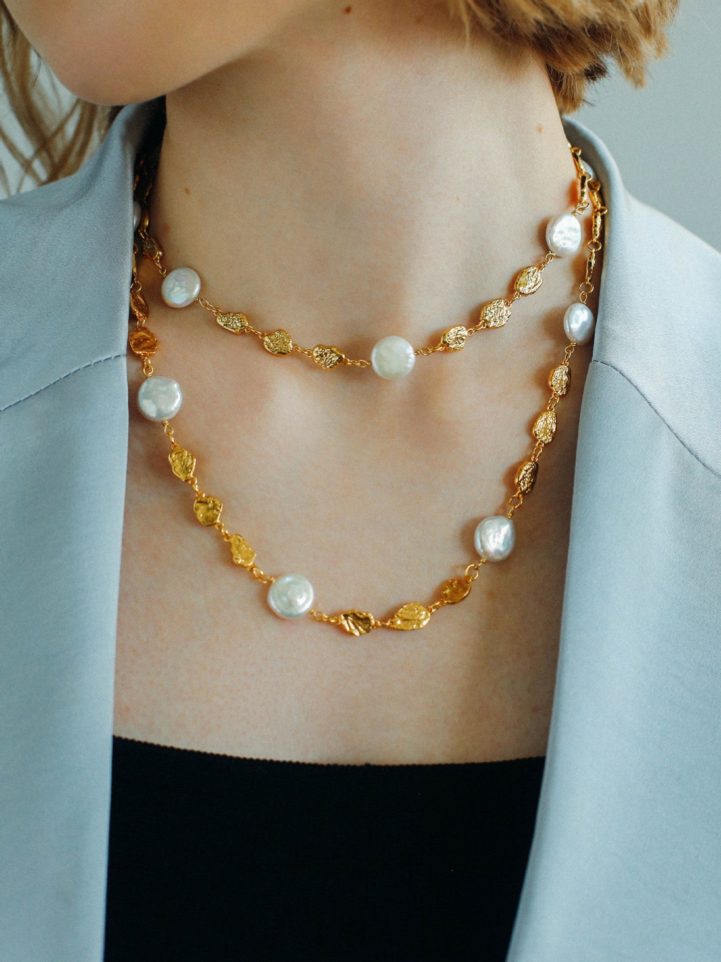 Gold Coin Lava Button Baroque Pearl Necklace - floysun