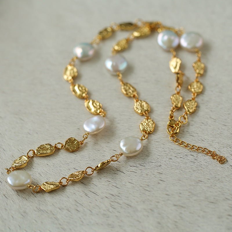 Gold Coin Lava Button Baroque Pearl Necklace - floysun