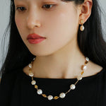 Gold Coin Lava Button Baroque Pearl Necklace - floysun