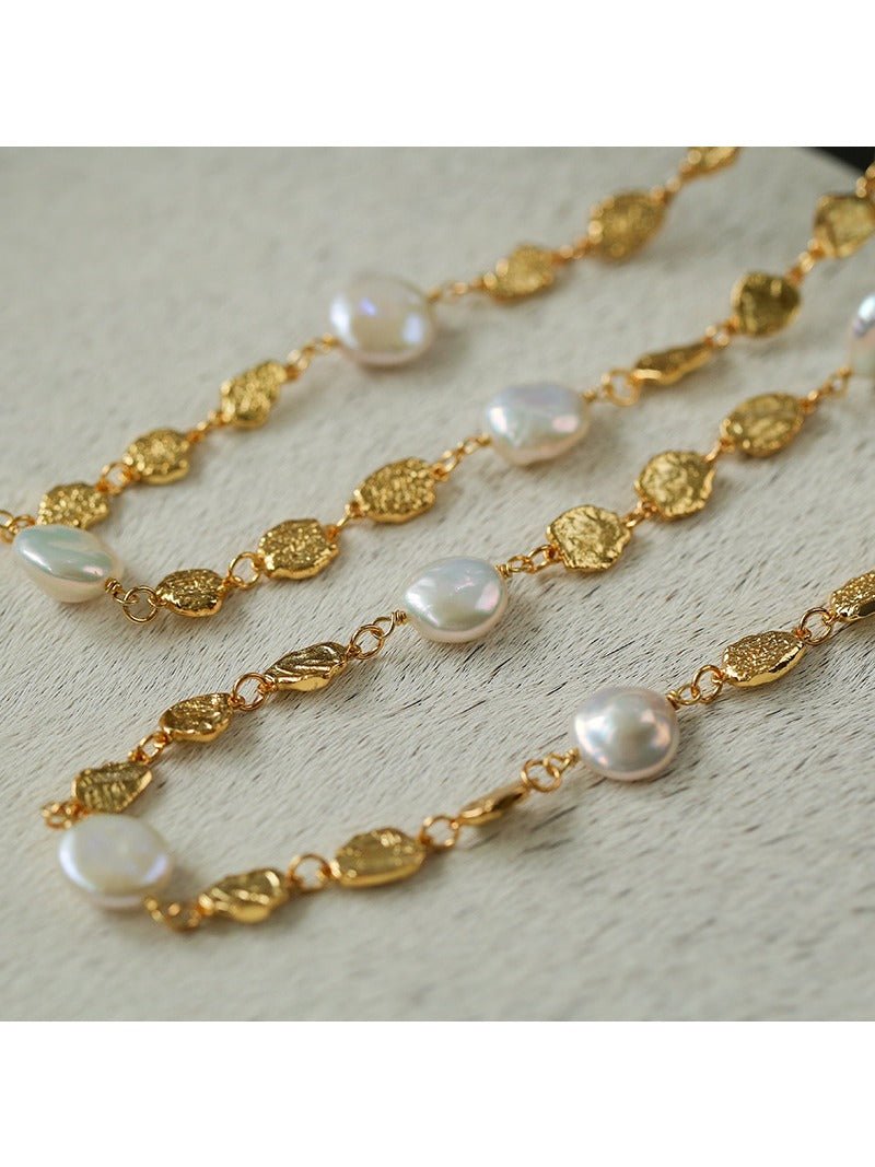 Gold Coin Lava Button Baroque Pearl Necklace - floysun