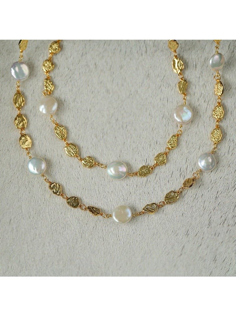 Gold Coin Lava Button Baroque Pearl Necklace - floysun