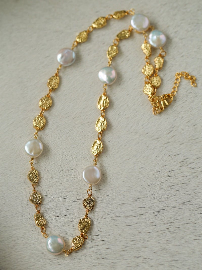 Gold Coin Lava Button Baroque Pearl Necklace - floysun