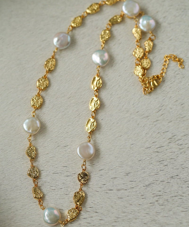 Gold Coin Lava Button Baroque Pearl Necklace - floysun