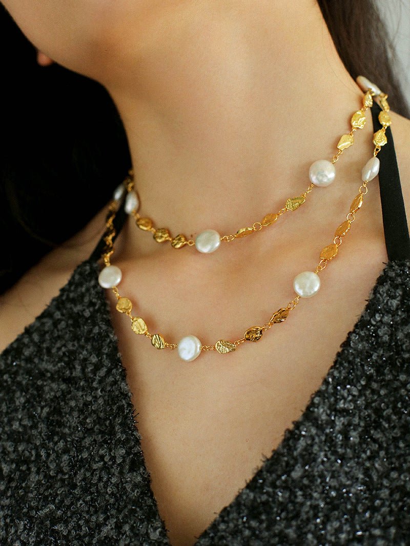 Gold Coin Lava Button Baroque Pearl Necklace - floysun