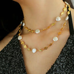 Gold Coin Lava Button Baroque Pearl Necklace - floysun