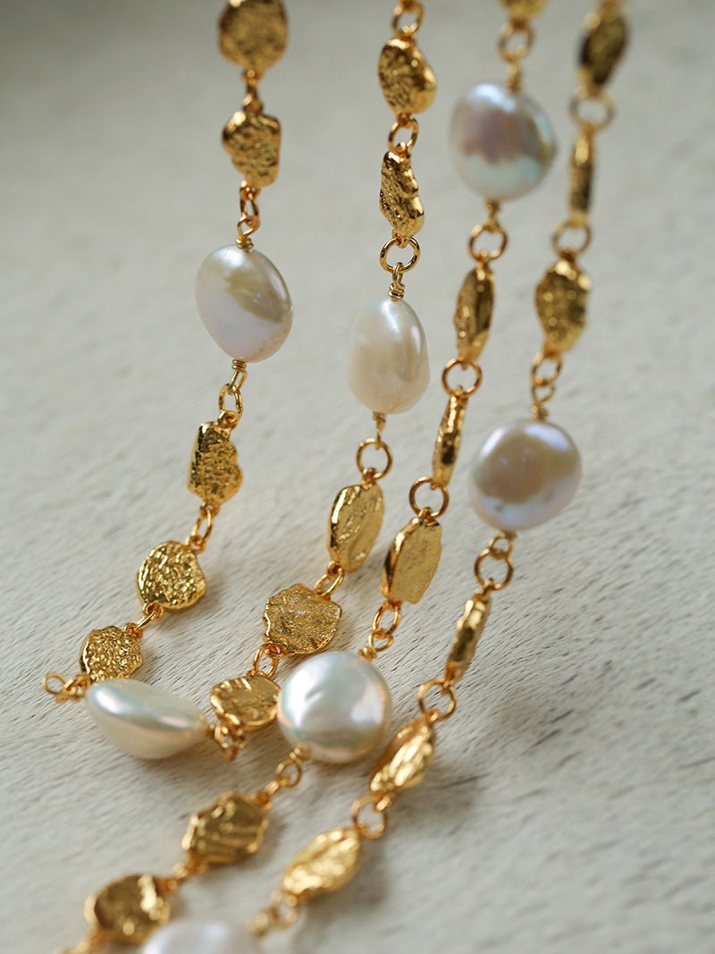 Gold Coin Lava Button Baroque Pearl Necklace - floysun