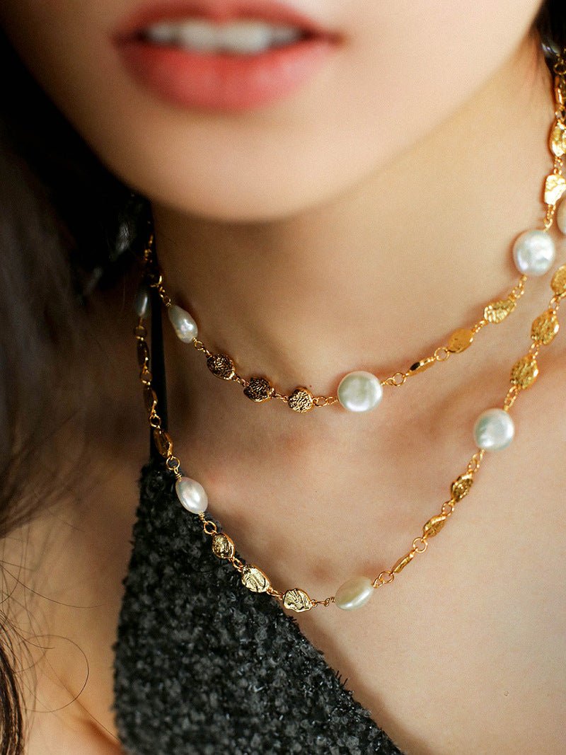 Gold Coin Lava Button Baroque Pearl Necklace - floysun