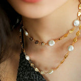 Gold Coin Lava Button Baroque Pearl Necklace - floysun