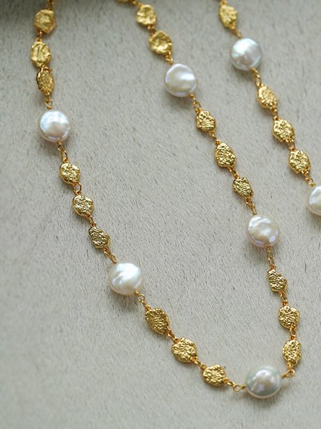 Gold Coin Lava Button Baroque Pearl Necklace - floysun