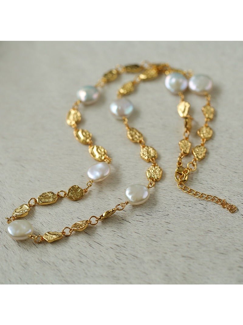 Gold Coin Lava Button Baroque Pearl Necklace - floysun