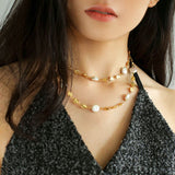 Gold Coin Lava Button Baroque Pearl Necklace - floysun