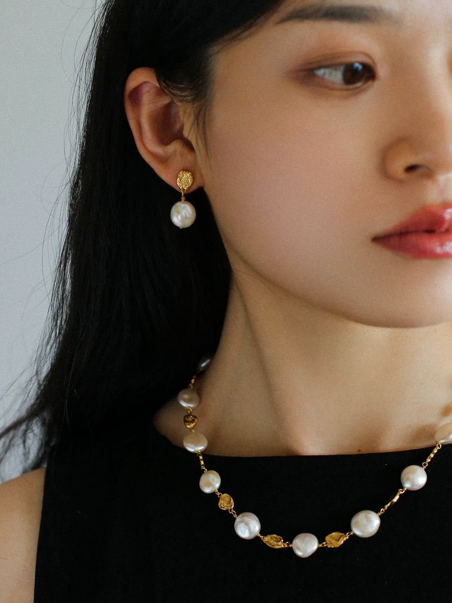 Gold Lava Coin Baroque Pearls Long Drop Earrings - floysun