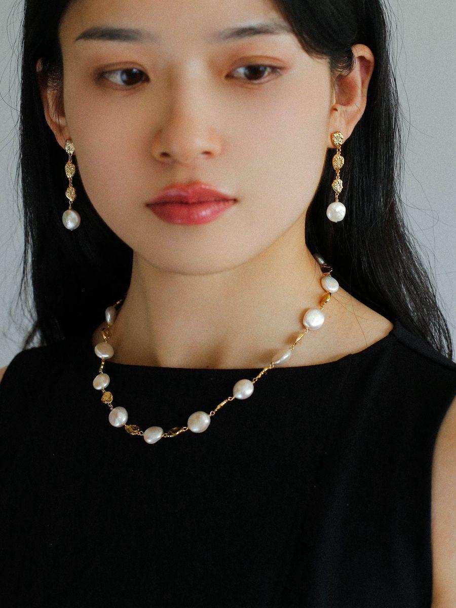 Gold Lava Coin Baroque Pearls Long Drop Earrings - floysun